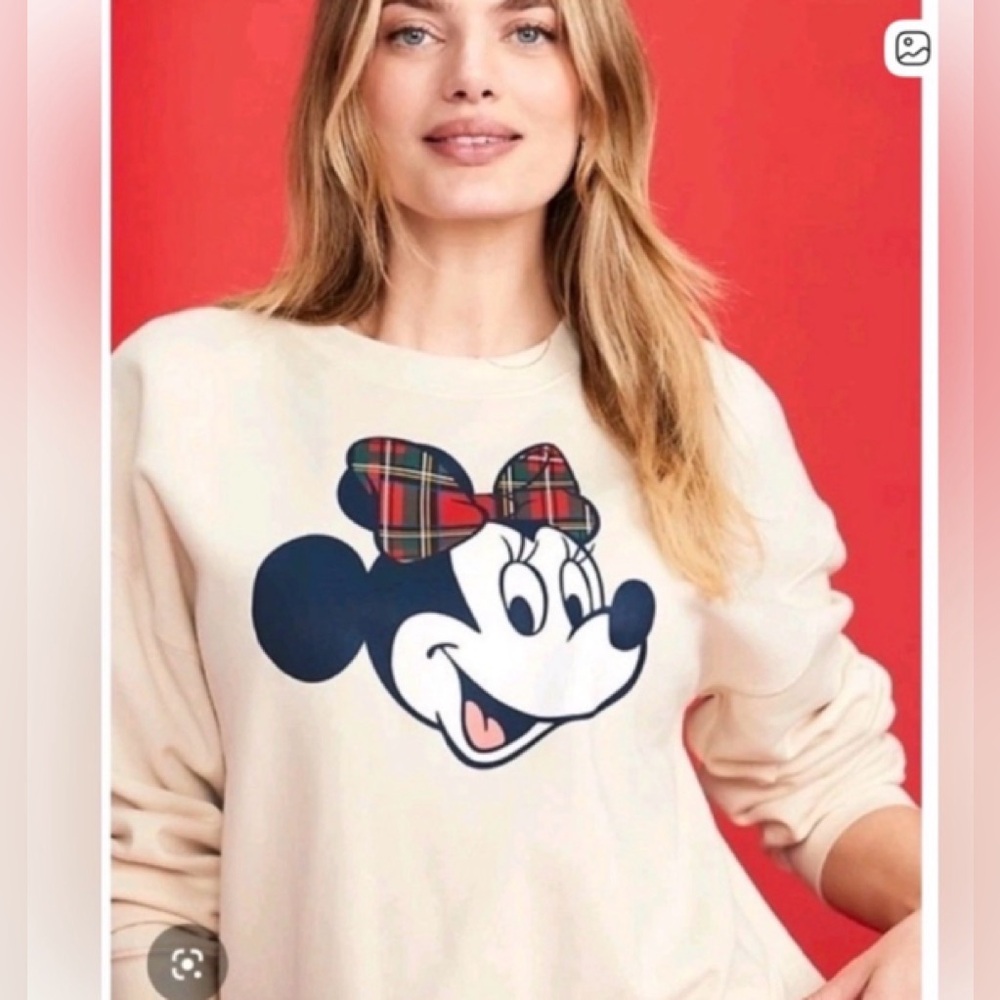 Old Navy 2026 Cream Disney Graphic Sweatshirt with Plaid Accent Minnie sz L